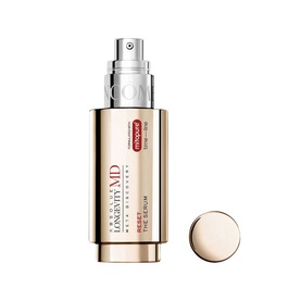 Lancome Absolue Longevity Reset Serum in gold pump bottle with red Absolue branding and detached cap beside it.