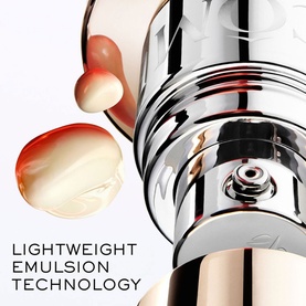 Lanc&ocirc;me Absolue Longevity Reset Serum in chrome bottle with dropper tip, showing lightweight emulsion texture on white background