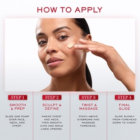 Model with Lanc&ocirc;me Absolue Longevity Reset Serum, how-to-apply guide showing 4-step application technique across face and neck.