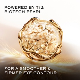 Lanc&ocirc;me skincare set campaign image highlighting T12 Biotech Pearl technology for smoother, firmer eye contour with golden pearl visual