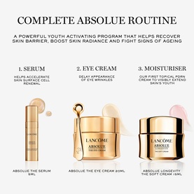 Lanc&ocirc;me Absolue Complete Routine skincare set featuring The Serum, Eye Cream 20ml, and Longevity Soft Cream, displayed with step-by-step labels