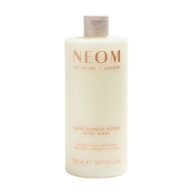 Neom Organics Super Shower Power Body Wash in a large cream-coloured bottle with peach label, 500ml