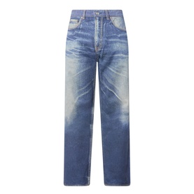 Our Legacy Azure Print jeans in faded blue denim, straight-leg cut with five-pocket styling and subtle whiskering detail