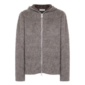 Our Legacy Mole Grey Hairy Wool Zip Through hoodie, textured fluffy knit with silver zip and ribbed hood trim