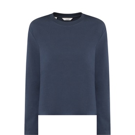Selected Femme long-sleeve cotton top in Dark Sapphire, featuring a crew neck and relaxed fit