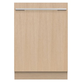 Fisher & Paykel Series 7 Integrated Dishwasher with light wood-effect panel door and stainless steel bar handle, front view