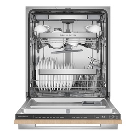 Fisher & Paykel Series 7 Integrated Dishwasher with door open, showing three-rack interior loaded with plates, glasses and cutlery