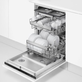 Fisher & Paykel Series 7 Integrated Dishwasher with door open, showing three loaded rack tiers filled with dishes, glasses and cutlery
