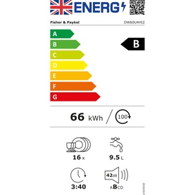 Fisher & Paykel Series 7 Integrated Dishwasher EU energy label, rated B, 66kWh per 100 cycles, 16 place settings, 9.5L