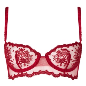 Simone Perele Intrigue Embroidered Balconette Bra in Opera Red, featuring floral lace embroidery, sweetheart neckline, and adjustable straps