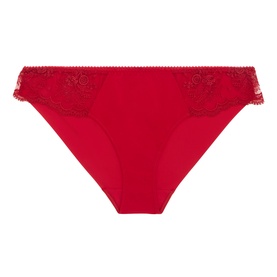 Simone Perele Intrigue Embroidered Briefs in Opera Red, mid-rise brief with floral lace trim along waistband and smooth finish.