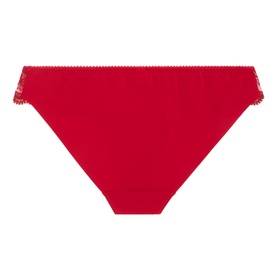 Simone Perele Intrigue Embroidered Briefs in Opera Red, mid-rise brief style with floral embroidered trim along waistband and leg edges.