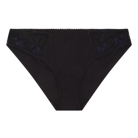 Simone Perele Instant Embroidered Briefs in black with floral lace inserts, scalloped edge detail, mid-rise brief style, flat lay