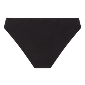 Simone Perele Instant Embroidered Briefs in Black, mid-rise style with scalloped edge waistband detail, flat lay view.