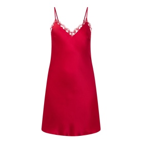 Simone Perele Love Me Lace Chemise in Opera Red, mini-length silk slip dress with V-neckline, lace trim, and thin adjustable straps.