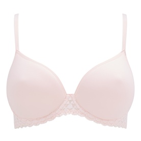 Simone Perele Plunge Bra in blush, smooth moulded cups with delicate lace trim along lower edge and thin adjustable straps.