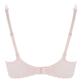 Simone Perele Plunge Bra in Blush, rear view showing adjustable straps, floral lace trim along underwire and centre back clasp.