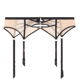 Simone Perele black suspender belt with nude mesh panels, contrast trim, and four adjustable stocking clips.