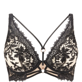 Simone Perele black floral lace underwired bra with nude lining, delicate strappy detailing and pearl centre embellishment