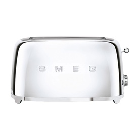 Smeg 4 Slice Long Slot Toaster in polished chrome stainless steel with embossed SMEG lettering and retro 50s styling