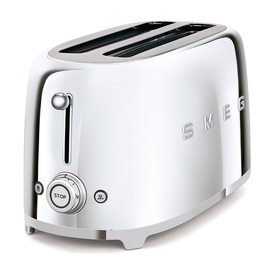 Smeg 4 Slice Long Slot Toaster in polished stainless steel with retro styling, chrome finish, and browning control dial