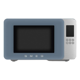 Smeg Microwave Grill in blue with silver trim, digital display panel, and SMEG branding on front fascia