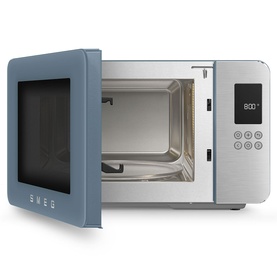 Smeg Microwave Grill in blue with stainless steel interior, open door showing digital display panel and control buttons.