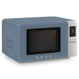 Smeg Microwave Grill in blue with silver handle, digital display panel and retro-style design, angled product view