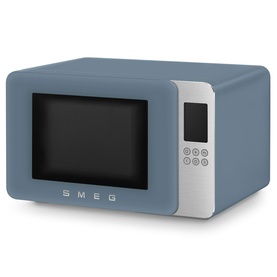Smeg Microwave Grill in blue with silver digital control panel, glass door, and retro styling