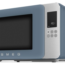 Smeg Microwave Grill in blue with silver trim, digital display panel, and control buttons, angled side view