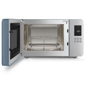 Smeg Microwave Grill in blue, door open showing stainless steel interior with wire rack and turntable, digital display panel on right