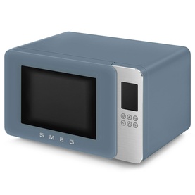 Smeg Microwave Grill in blue with silver control panel, digital display, and retro-style door on white background