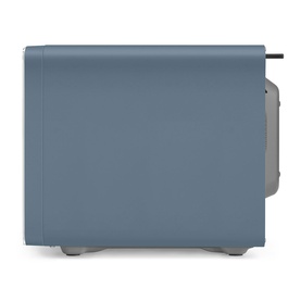 Smeg Microwave Grill in blue, side profile view showing retro-style curved casing with power cable visible at rear