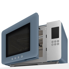 Smeg Microwave Grill in blue with silver interior, open door revealing stainless steel cavity and digital control panel