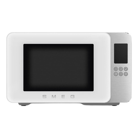 Smeg Microwave Grill in white with black door panel, digital touch controls, and retro-style design with chrome accents.