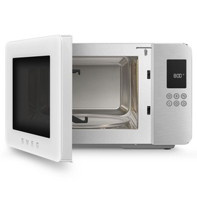 Smeg Microwave Grill in white with open door, stainless steel interior, and digital display panel on right side