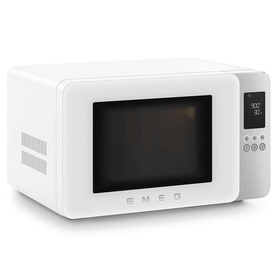 Smeg Microwave Grill in white with retro-style rounded design, digital display panel, and black door window.