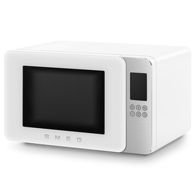 Smeg Microwave Grill in white with digital display panel, touch controls, and rounded retro-style design