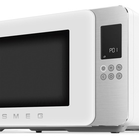 Smeg Microwave Grill in white with digital display panel, control buttons, and large tinted door window, angled side view