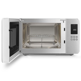 Smeg Microwave Grill in white, door open revealing stainless steel interior with wire rack and turntable, digital display panel on right