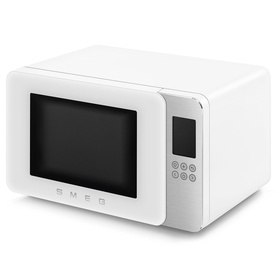 Smeg Microwave Grill in white with glass door, digital display panel, and retro-style rounded corners