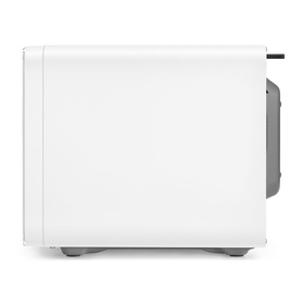 Smeg Microwave Grill in white, side profile view showing rounded retro-style casing and ventilation grille