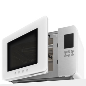 Smeg Microwave Grill in white with open door revealing interior rack and digital control panel with keypad.