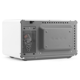 Smeg Microwave Grill in white, rear view showing ventilation grille and SMEG branding panel