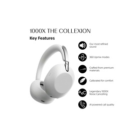 Sony 1000X The Collexion over-ear wireless headphones in white, with silver headband and ear cushions, key features listed