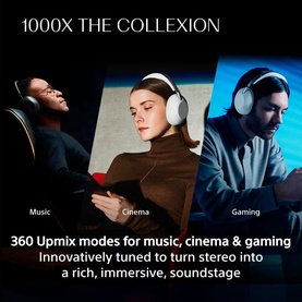 Sony 1000X headphones collection lifestyle shot showing three wearers using for music, cinema and gaming in varied settings