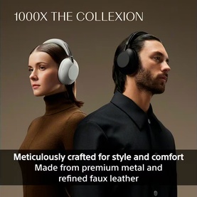 Two models wearing Sony 1000X The Collexion over-ear headphones in white and black colourways, styled in premium metal and faux leather