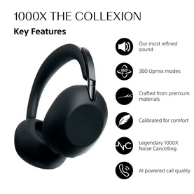 Sony WH-1000XM5 wireless over-ear headphones in black, with key features infographic highlighting noise cancelling and 360 audio