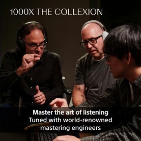 Three audio engineers wearing headphones collaborate at a studio console, with text reading Master the art of listening