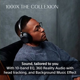 Model wearing Sony 1000X The Collexion wireless over-ear headphones in black, seated and relaxed, styled with a grey knit jumper